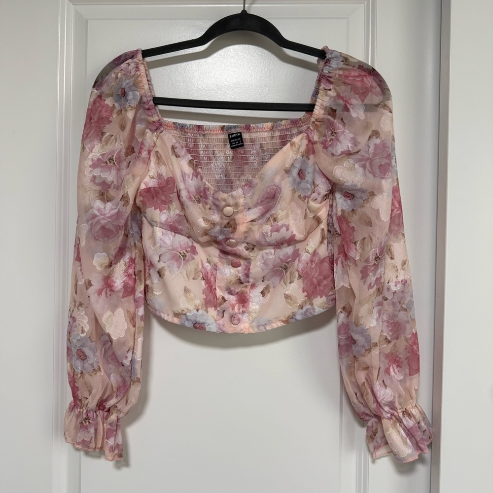 Floral Blouse Crop Top Long Sleeves